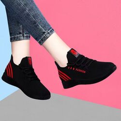 Women's Mesh Sports Shoes, Breathable & Lightweight Lace Up Low Top Running Shoes, Casual Walking Sneakers_Black/Red