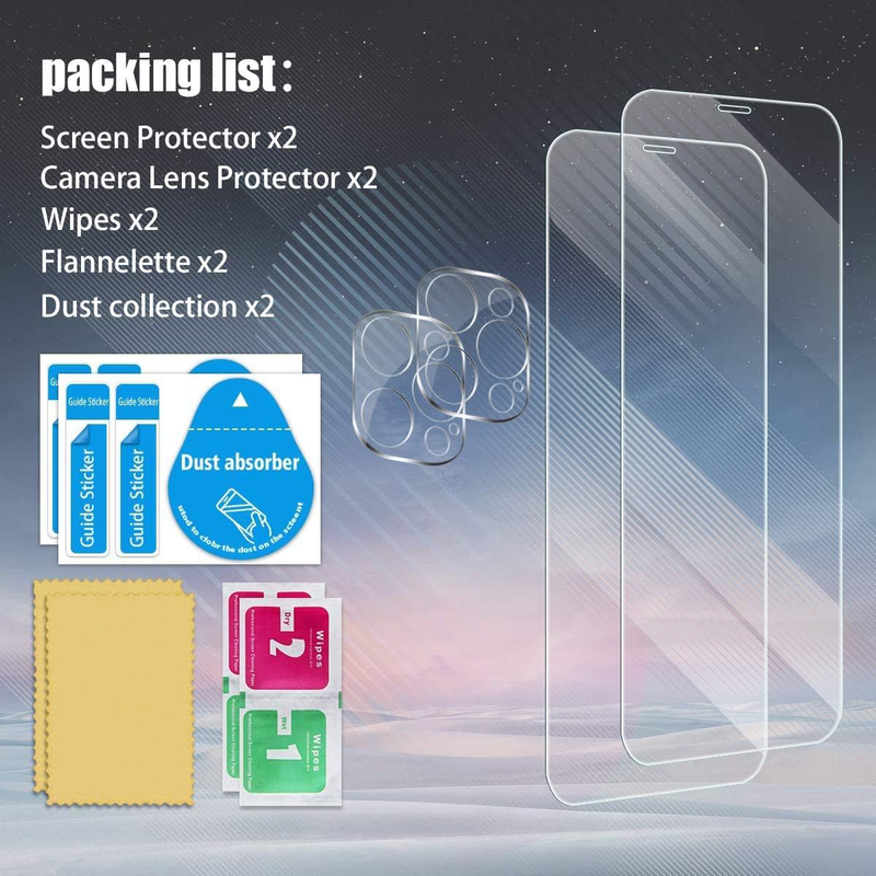 Apple iPhone 12 Pro Anti-Shatter 3D Glass Case-Friendly HD Tempered Glass Screen Protector with Camera Lens Protectors, 4 Pieces, Clear