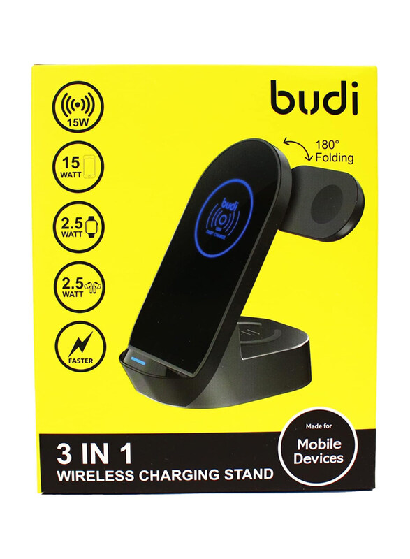 

Budi 3 in 1 Wireless Charging Stand, 15W, Black