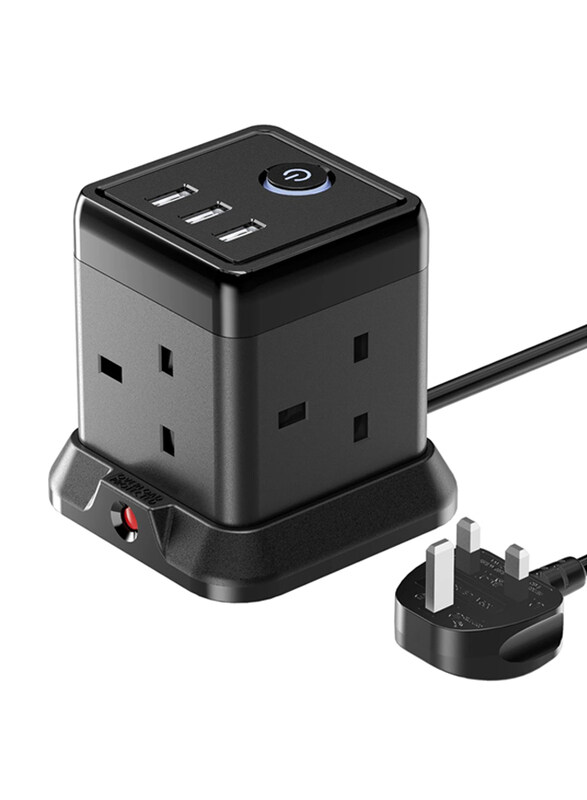 

Generic Hulker 3M Cube Extension Lead with 3 Slots 4 Gang Plug Socket with Switch 4 Way Power Strip with 3 USB Port, Black