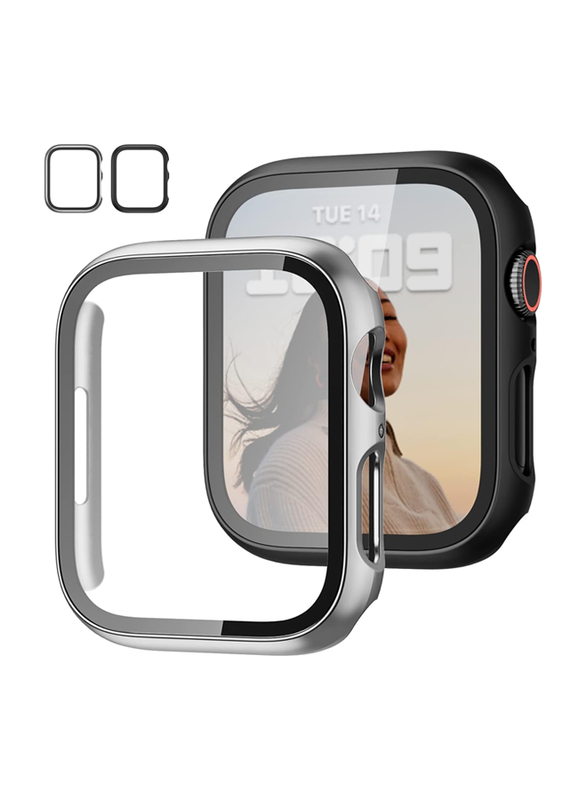 JZK Slim Guard Bumper Full Coverage Hard PC HD Ultra-Thin Case with Tempered Glass Screen Protector for Apple Watch Series 6/5/4/SE & iWatch 44mm, 2 Pieces, Black/Silver