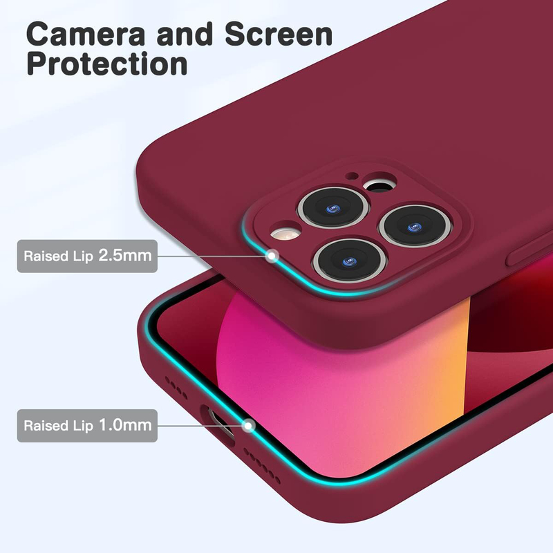 Apple iPhone 13 Pro 6.1-inch 2021 Silicone Slim Thin Durable Liquid Gel Rubber Mobile Phone Case Cover with Integrated Camera Lens Protector, Wine Red