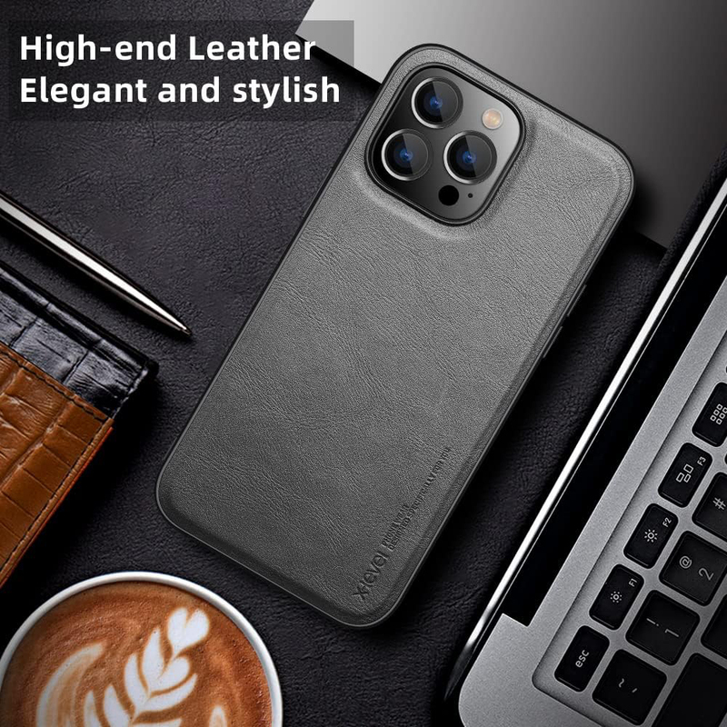 X-Level Apple iPhone 14 Pro Max 2022 Premium PU Leather Slim Protective Business Design Luxury Rugged Shockproof Non-Slip Mobile Phone Case Cover, Grey