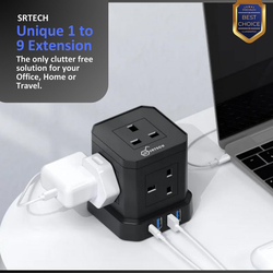 Srtech Power Strip, 5 WAY Plug Extension Cord Power Extension Socket with Multi Charging Stations, 2M Durable Fused Cord, 1 USB-C + 3 USB-A, Cube Black