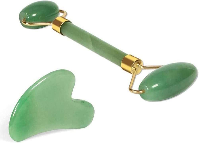 Dasiry Anti-Aging Jade Roller Massage and Gua Sha Facial Tools Set, 2 Pieces, Green/Gold