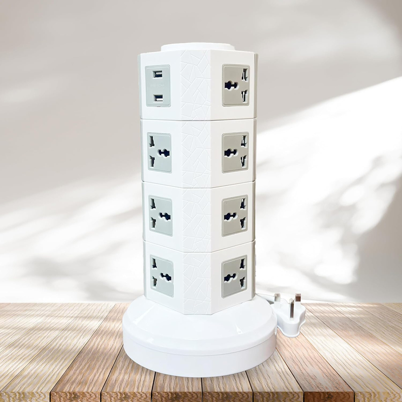 Melfi Universal Vertical Multi Socket, 4 Layers Tower Extension Electrical Outlet Lead with USB Ports, 2.5M Cord, White