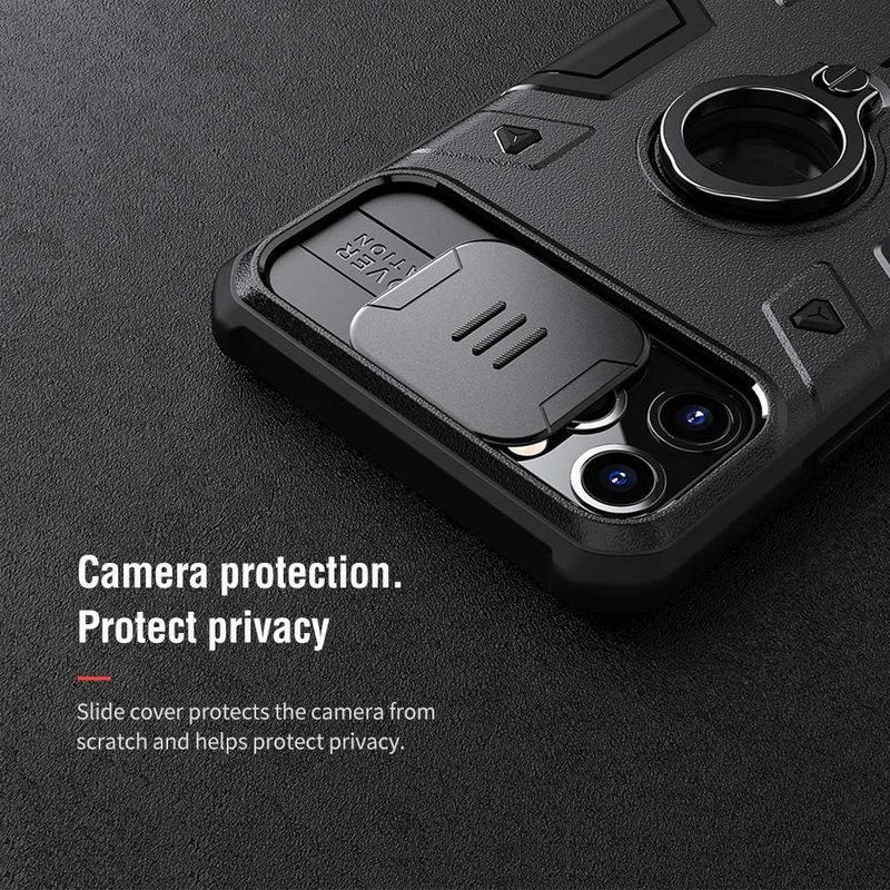 Nillkin Apple iPhone 11 Pro Max 6.5-inch 2019 CamShield Armor Slide Camera Impact-Resistant Bumpers Protective Mobile Phone Case Cover with Ring Kickstand, Black