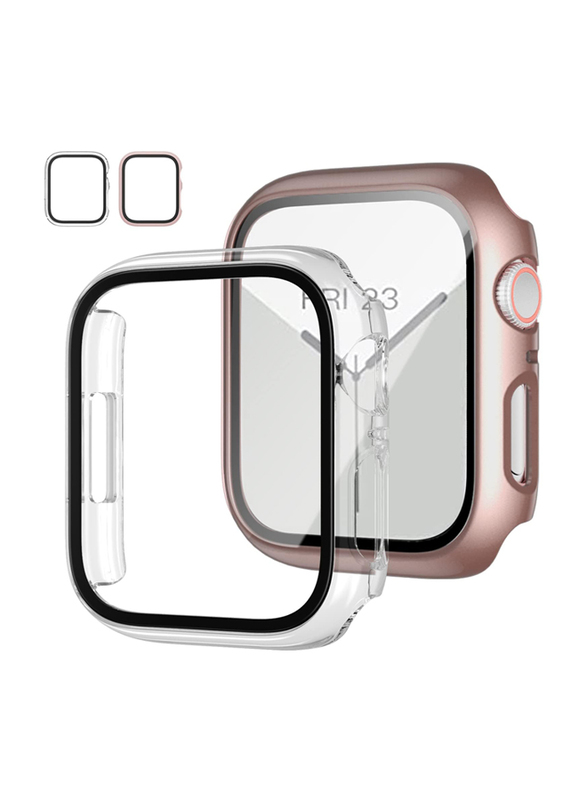 JZK Slim Guard Bumper Full Coverage Hard PC HD Ultra-Thin Case with Tempered Glass Screen Protector for Apple Watch Series 6/5/4/SE & iWatch 44mm, 2 Pieces, Rose Gold/Clear