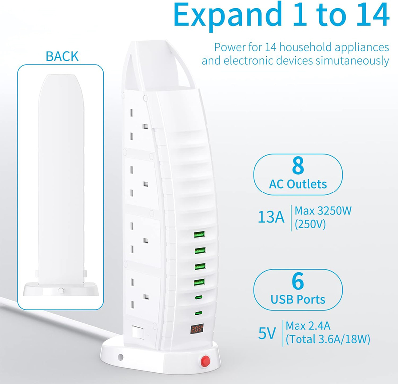 Tower Extension Lead with USB Extension Cord 8 Way Outlets 6 USB Ports, White