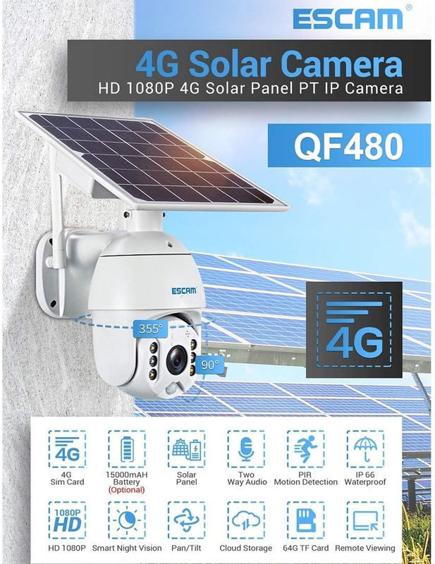 Escam Wyan Security Monitor QF480 EU Version HD 1080P Waterproof 4G Solar Panel PT IP Camera with Night Vision, Motion Detection, TF Card & 2-Way Audio, IP66, White