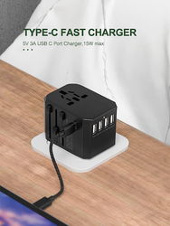 Wontravel Universal Travel Adapter with 4 Ultra-Fast USB Port and 1 Ultra-Fast USB Type C Port and Power Socket Worldwide Plugs UK EU US AU Auto Switch, Black