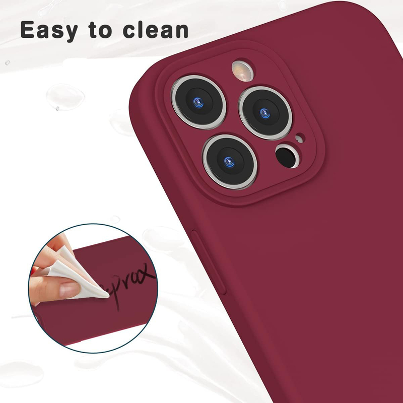 Apple iPhone 13 Pro 6.1-inch 2021 Silicone Slim Thin Durable Liquid Gel Rubber Mobile Phone Case Cover with Integrated Camera Lens Protector, Wine Red