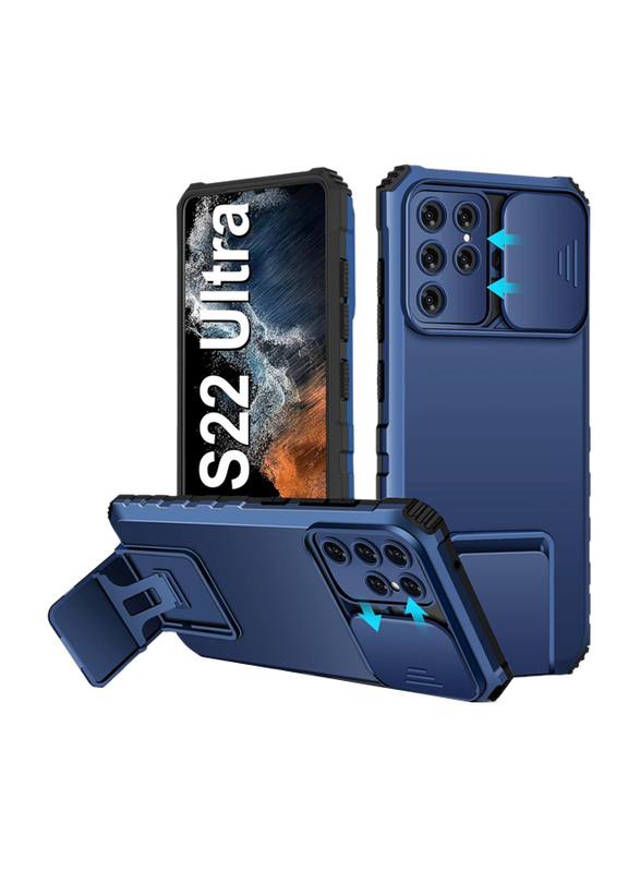 Samsung Galaxy S22 Ultra 5G Military-Grade Shockproof Slide Camera Case Cover with Kickstand, Blue