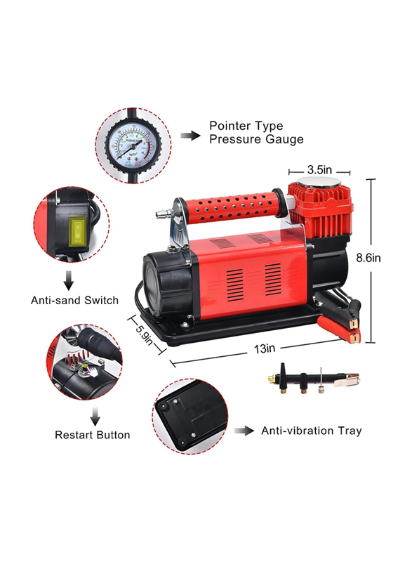 Toby's 2 Cylinder Air Compressor Pump Heavy Duty DC 12V Tire Inflator 150 PSI for Cars, Black/Red