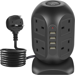 Tower Extension Lead with USB, 8 Way Outlets Vertical Power Strip Surge Protection with 4 USB Ports(3.1A/5V), Multi-sockets Plugs, 4M Long Extension Cord, Black