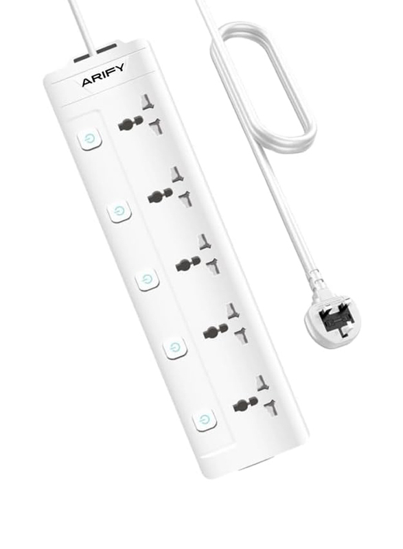 Arify 5 Way Power Extension Cord 5 Outlets UK/UAE Plug Electrical Strip, 3 Meters, 250V, 2500W, White