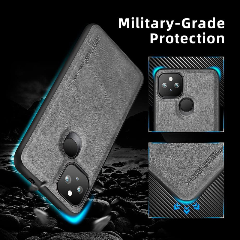 X-level Google Pixel 5 6.0" Anti-Scratch Premium Leather Soft TPU Bumper Shockproof Protective Mobile Phone Cover Case, Grey