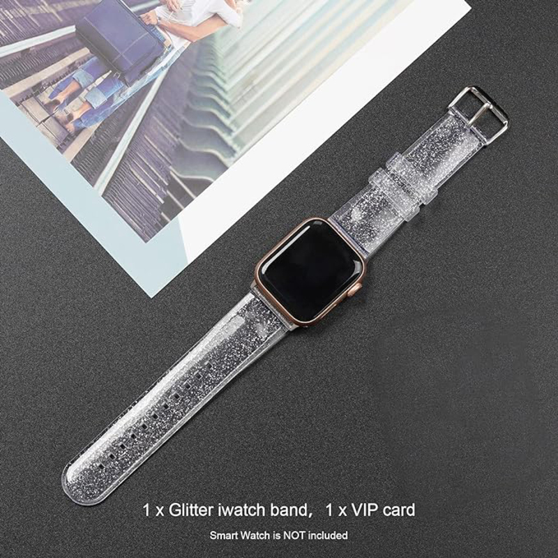 Iiteeology Silicone Glitter Sport Watch Band for Apple iWatch Ultra 2/Ultra/Series 9/8/7/6/SE/5/4/3/2/1 45/44/42mm, Clear/Silver