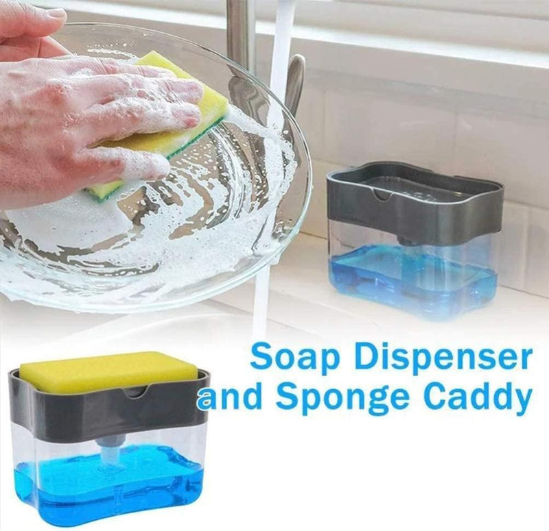 Soap Pump Dispenser and Sponge Holder, Grey/Clear