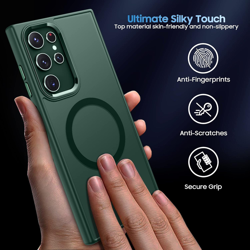 Samsung Galaxy S22 Ultra Makavo Translucent Matte MagSafe Slim Thin Magnetic Shockproof Mobile Phone Case Cover with Camera Lens Protector, Green