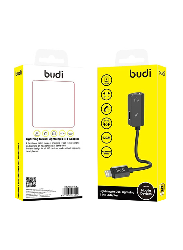 Budi 4-in-1 Adaptor, Lightning to Dual Lightning for Smartphones/Tablets, Black