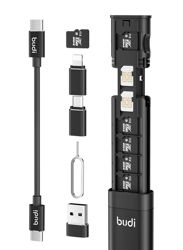 Budi Multi-Functional 9-in-1 Data Cable with USB Type-C Card Reader, Black