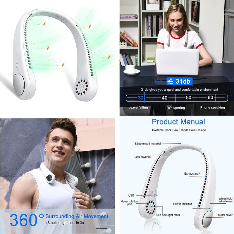 Personal Neck Fan with 3 Wind Speed Wearable Body Fan, White