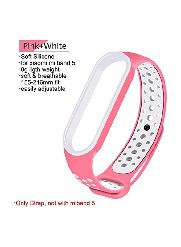 Newest Sports Waterproof TPU Silicone Replacement Wristband Anti-Off Bracelet Strap for Xiaomi Mi Band 5, Pink/White