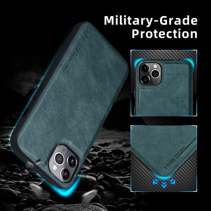 X-level Apple iPhone 13 Pro Max 6.7" Anti-Scratch Premium Leather Soft TPU Bumper Shockproof Protective Mobile Phone Cover Case, Midnight Green