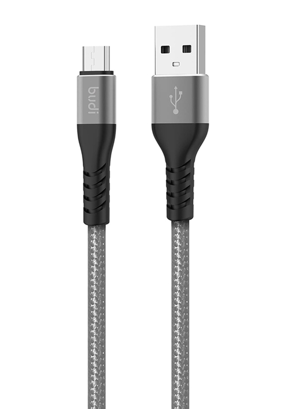 Budi 2-Meter Micro-USB Charge/Sync Braided Cable, USB Type A to Micro USB for Smartphones/Tablets, Black/Grey