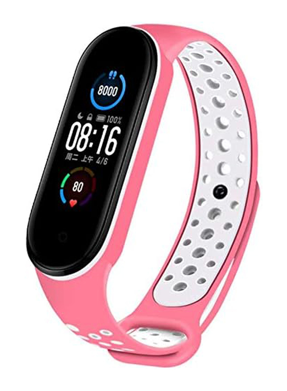 Newest Sports Waterproof TPU Silicone Replacement Wristband Anti-Off Bracelet Strap for Xiaomi Mi Band 5, Pink/White