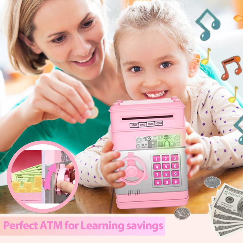 Cute Mini ATM Money Bank with Password/Music & Auto Scroll Paper Money Saving Box Toy, Ages 2+