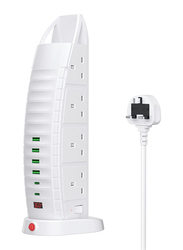 Tower Extension Lead with USB Extension Cord 8 Way Outlets 6 USB Ports, White