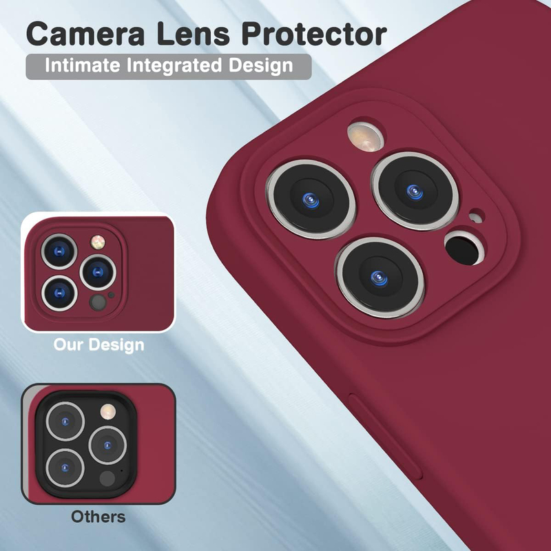 Apple iPhone 13 Pro 6.1-inch 2021 Silicone Slim Thin Durable Liquid Gel Rubber Mobile Phone Case Cover with Integrated Camera Lens Protector, Wine Red