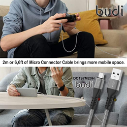 Budi 2-Meter Micro-USB Charge/Sync Braided Cable, USB Type A to Micro USB for Smartphones/Tablets, Black/Grey