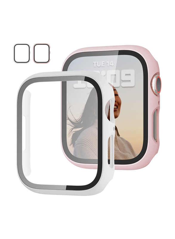 JZK Slim Guard Bumper Full Coverage Hard PC HD Ultra-Thin Case with Tempered Glass Screen Protector for Apple Watch Series 6/5/4/SE & iWatch 44mm, 2 Pieces, Pink/White