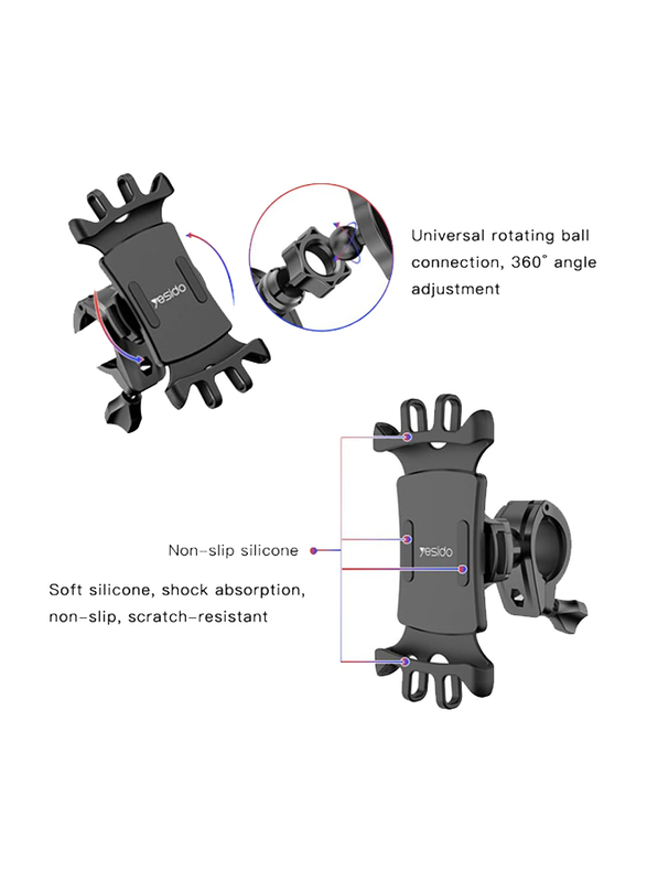 Yesido C66 Bike Bicycle Motorcycle Mobile Phone Holder Mount Universal 360 Degree Adjustable Rotation for Smartphone, Black