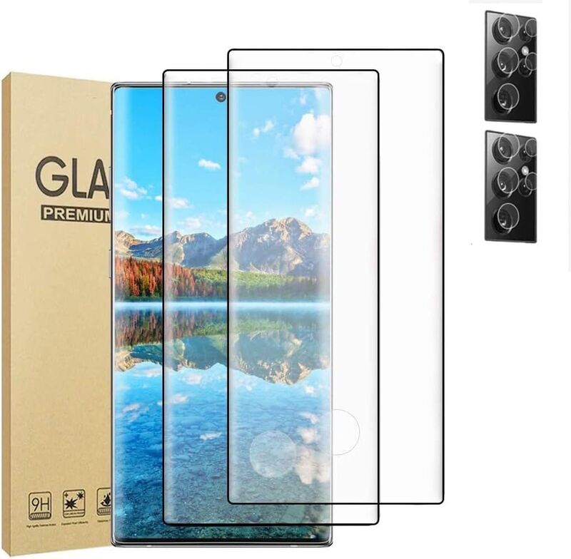 Samsung Galaxy S22 Ultra 5g 9H Hardness, Fingerprint, 3D Curved HD Glass Film 2 x Tempered Glass Screen Protector + 2 x Camera Lens Protector, Clear