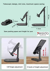 Yesido Universal Premium Quality Adjustable Mini Foldable Desktop Holder Aluminium Alloy Mobile and Tablet Stand, C85, Black