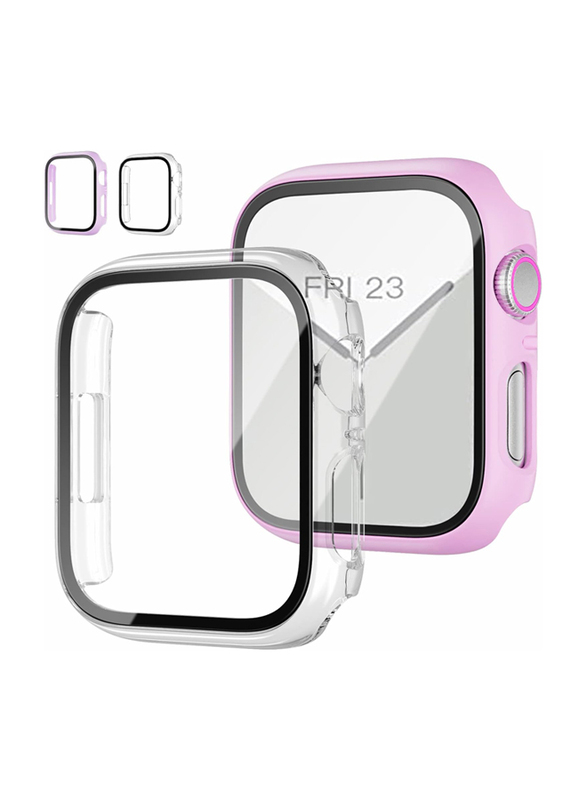 JZK Slim Guard Bumper Full Coverage Hard PC Thin Case with Tempered Glass Screen Protector for Apple Watch Series 9/8/7 & iWatch 41mm, 2 Pieces, Purple/Clear