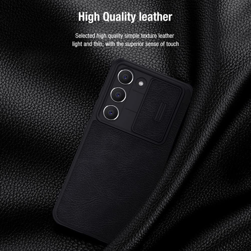 Nillkin Samsung Galaxy S23+ PU Leather Basic Mobile Phone Flip Case Cover with Slide Camera Protection and Card Holder, Black