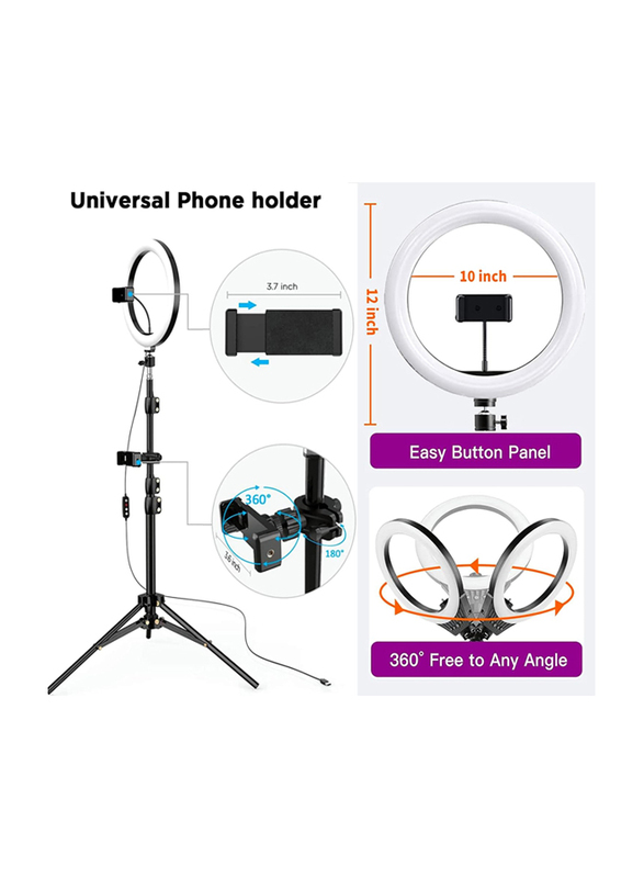 10-inch Perfect Selfie LED Ring Light with Stand and Phone Holder, Black/White