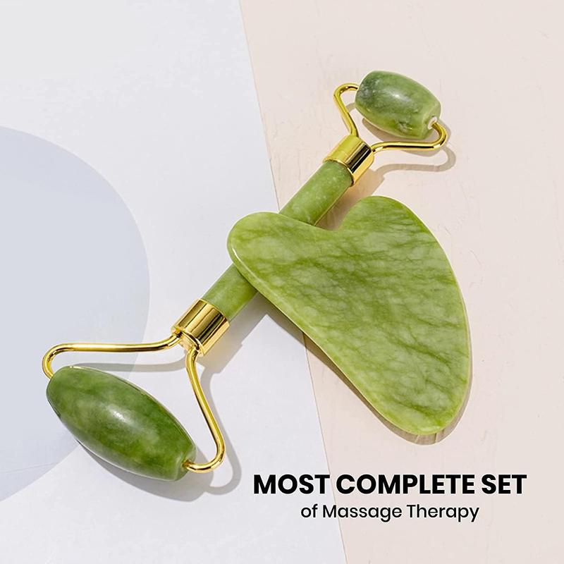 Dasiry Anti-Aging Jade Roller Massage and Gua Sha Facial Tools Set, 2 Pieces, Green/Gold