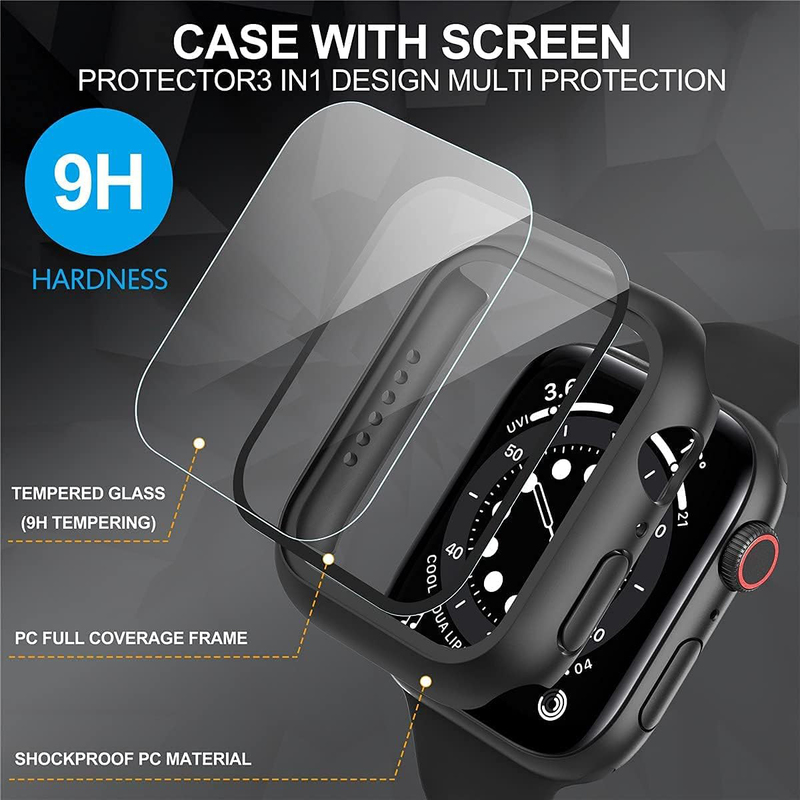 Overall Protective Hard PC Ultra-Thin Case Cover with Built in Tempered Glass Screen Protector for Apple Watch Series 6/SE/5/4 40mm, Black