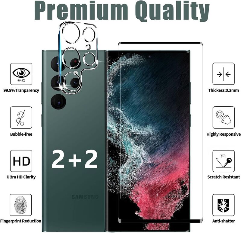 Samsung Galaxy S22 Ultra 5g 9H Hardness, 3D Curved, Anti-Scratch 2 x Tempered Glass Screen Protector + 2 x Camera Lens Protector, Clear