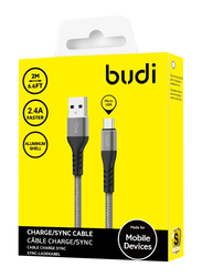 Budi 2-Meter Micro-USB Charge/Sync Braided Cable, USB Type A to Micro USB for Smartphones/Tablets, Black/Grey