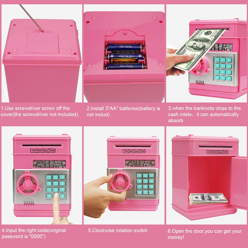 Adevena Mini ATM Password Electronic Money Bank Cash Coins Saving Box for Kids, Ages 6+, Pink