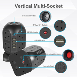 Tower Extension Lead with USB, 8 Way Outlets Vertical Power Strip Surge Protection with 4 USB Ports(3.1A/5V), Multi-sockets Plugs, 4M Long Extension Cord, Black