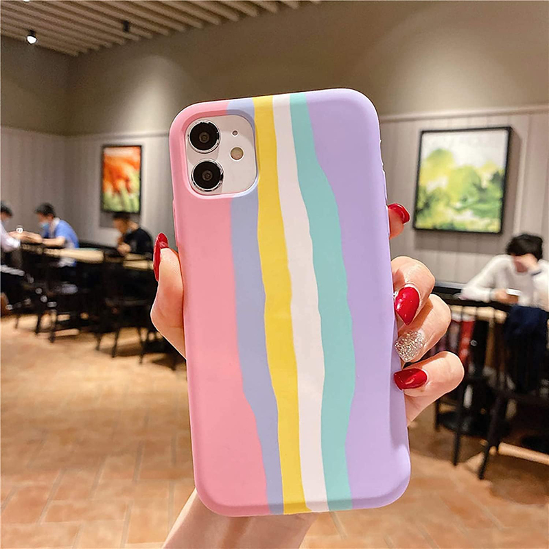 Apple iPhone 12 6.1-inch Rainbow Silicone Gel Shockproof Soft Microfiber Liner Slim Hard Shell Many Colours Mobile Phone Case Cover, Multicolour