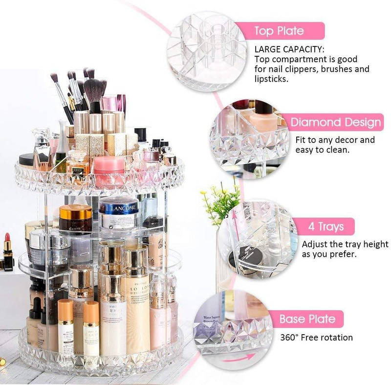 360 Degree Rotating Adjustable Carousel Makeup Organizer, Clear